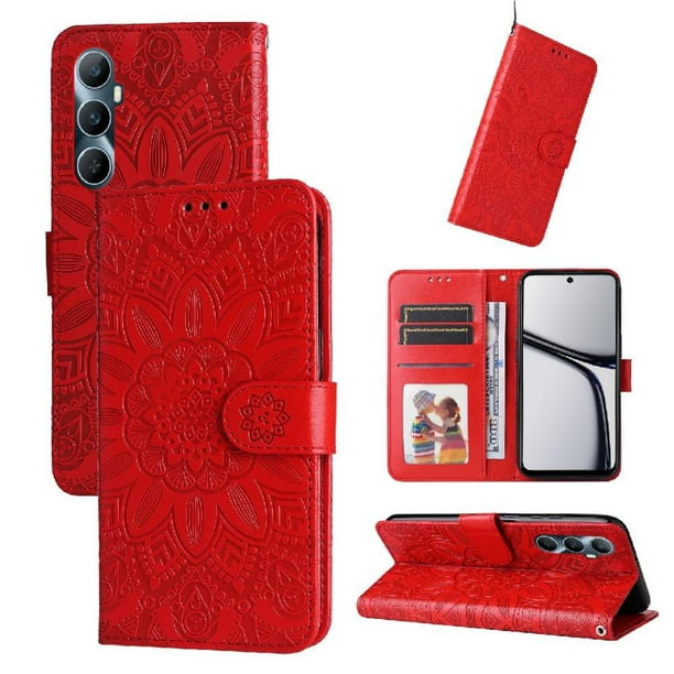 Funda tipo cartera FOXDOCK para Realme C65 4G , diseño girasol en relieve, cuero PU, cierre magnético, soporte y tarjetero