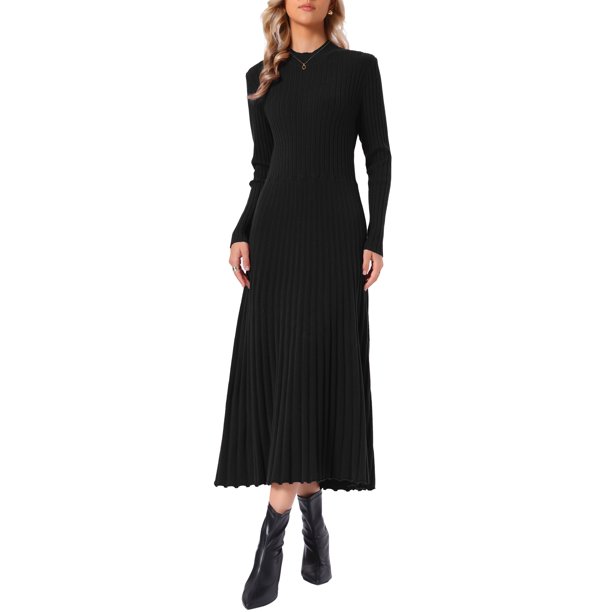 INSPIRE CHIC Vestido Suéter Plisado para Mujer Cuello Simulado Manga Larga Casual Otoño Invierno Tejido de Punto A-Line Midi Vestido S Negro