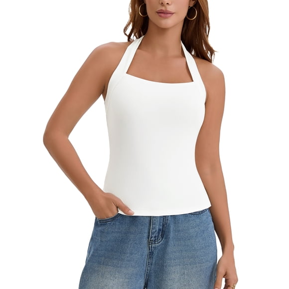 ATHLECHIC Edición Tops Halter para Mujeres Sin Mangas Top de Tirantes Cuello Cuadrado Verano Salir con Aberturas Laterales L Blanco