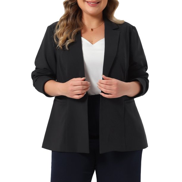 Agnes Orinda Traje de Mujer Talla Grande Blazers Cuello con Solapa Botón Único Manga Larga Casual de Negocios Chaqueta de Oficina con Bolsillo 2X Negro