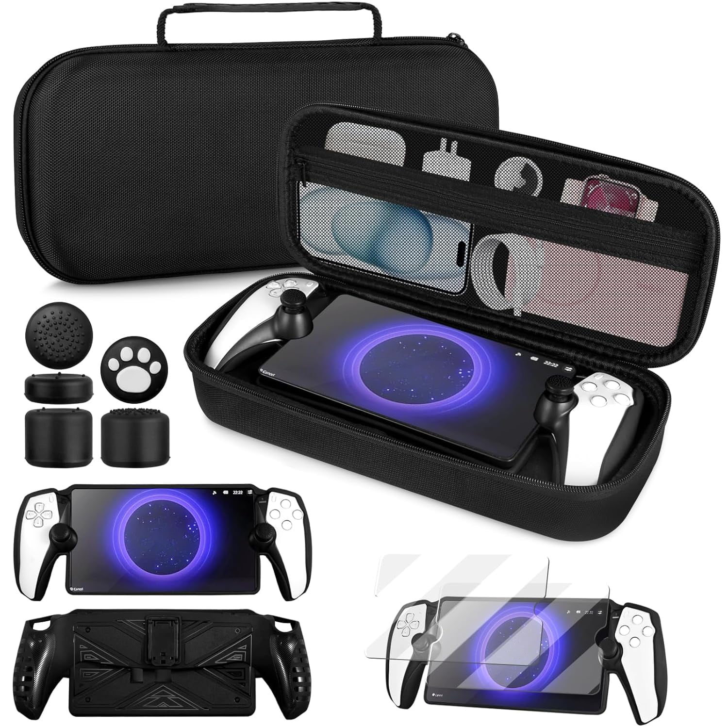 Genérico - Juego De Accesorios 4 En 1 Para Playstation Portal, Funda De Transporte Rígida De Eva Para Ps5 Portal, Funda Protectora De Silicona, 2 Protector De Pantalla, 10 Tapones Para El Pulgar - Negro