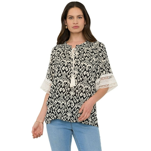 Blusa Mujer Manga Campana Beige Print Corona