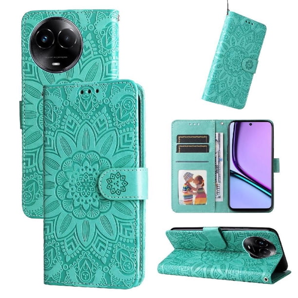 Funda tipo cartera FOXDOCK para Realme C67 5G , diseño girasol en relieve, cuero PU, cierre magnético, soporte y tarjetero