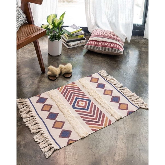Alfombra de Lino Bajada de Cama estilo Boho medida 60 cm x 90 cm