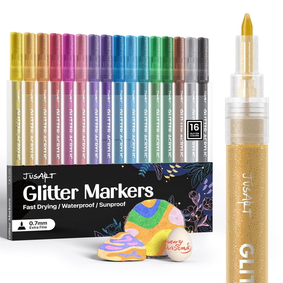 Marcadores JusArt con purpurina, 16 colores, 0,7 mm, extrafinos