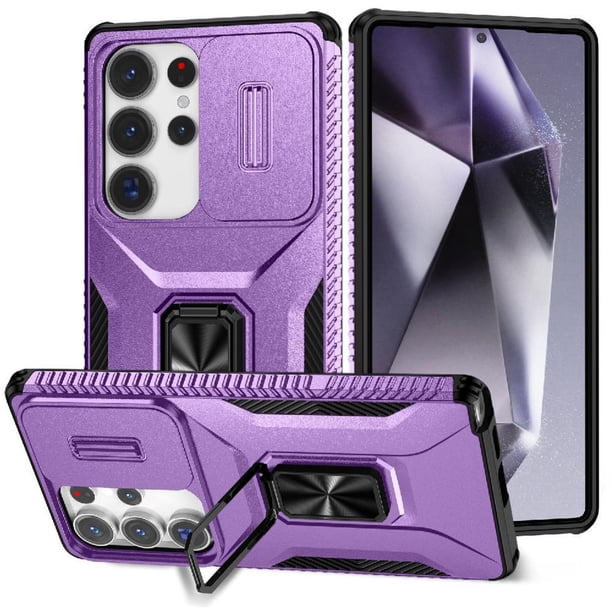 Funda Armada para Samsung Galaxy S25 Ultra con Tapa Deslizante y Soporte Magnético Giratorio Morado