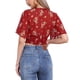 thumbnail image 3 of INSPIRE CHIC Blusa corta floral de mujer con cuello en V y mangas acampanadas, dobladillo fruncido, roja, talla M, 3 of 6