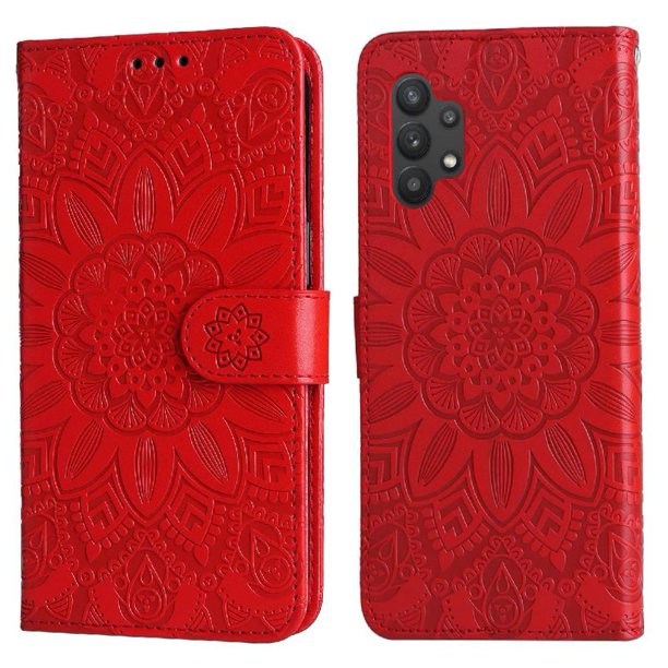 Funda tipo cartera FOXDOCK para Samsung Galaxy A32 5G , diseño girasol en relieve, cuero PU, cierre magnético, soporte y tarjetero