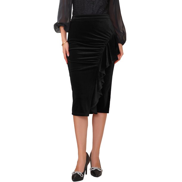 INSPIRE CHIC Falda de Terciopelo para Mujer con Fruncido en la Cintura Alta, Ajustada, Formal para la Noche, Cóctel, Midi, Lápiz, Talla S, Negro