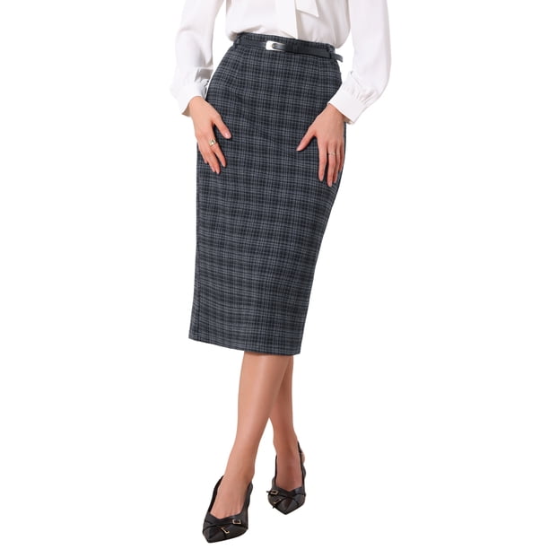 INSPIRE CHIC Falda Lápiz de Cuadros para Mujer, Cintura Alta, Tartán, Oficina de Negocios, Falda a la Rodilla, Talla M, Gris Oscuro