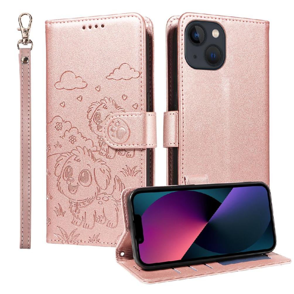 Foxdock - Funda Cartera Para Iphone 14 Plus Perro Cachorro Grabado Con Tarjetas Soporte Correa Rosa