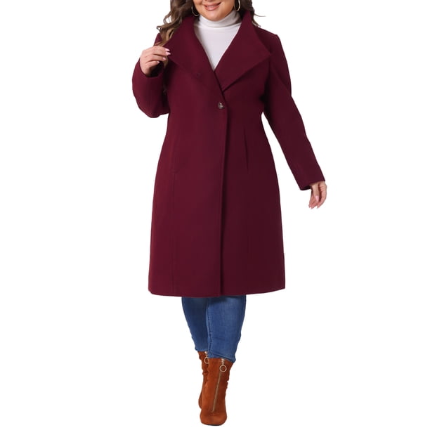Abrigo de invierno largo con bolsillos y abertura trasera para mujer de talla grande Agnes Orinda, cuello alto clásico, manga larga, 2X Burdeos