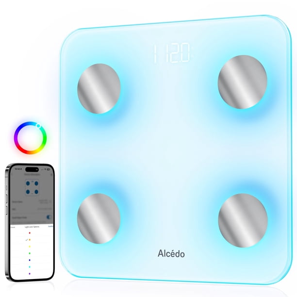 Báscula inteligente de grasa corporal Alcedo, báscula digital con IMC, porcentaje de grasa, masa muscular, cambia de color con variación de peso, 400 libras, Bluetooth