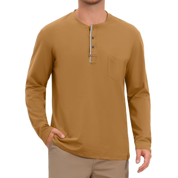Camisetas Henley de Hombre de Manga Larga Casual con Botones de Algodón Pullover Camiseta M Caqui
