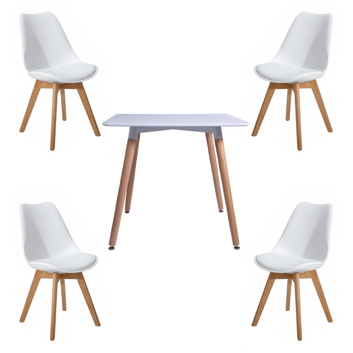 Klik Muebles - Comedor Mesa Cuadrada Blanca + 4 Sillas Tulip Acolchadas Blancas