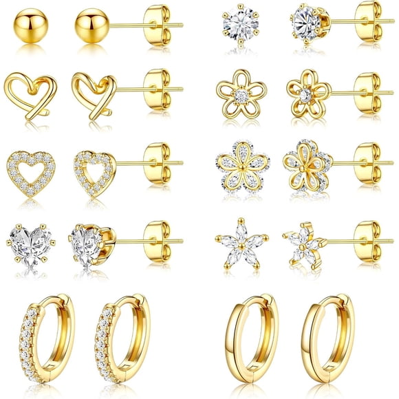 Set de aros pequeños dorados para mujer, chapados en oro de 14 quilates con circonita cúbica