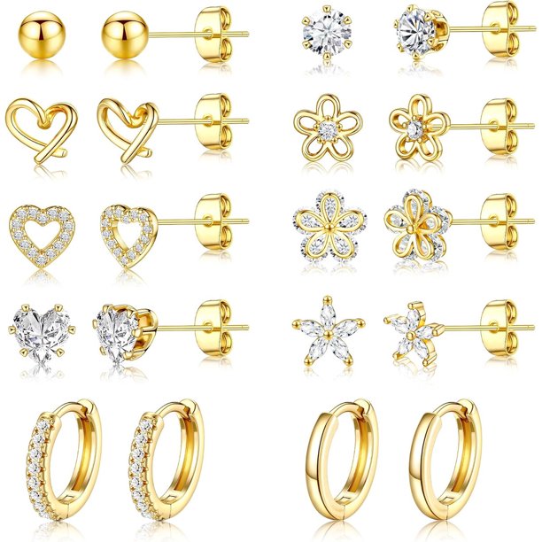 Set de aros pequeños dorados para mujer, chapados en oro de 14 quilates con circonita cúbica