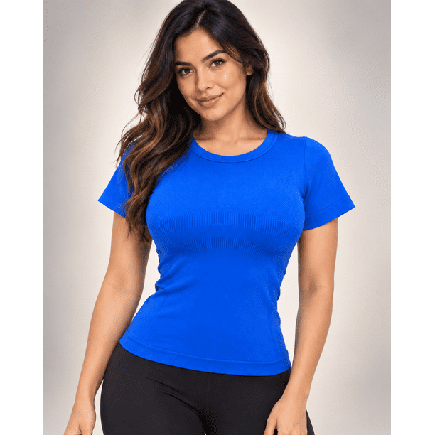 Polera Deportiva Mujer Manga Corta Acanalada Cuello Redondo