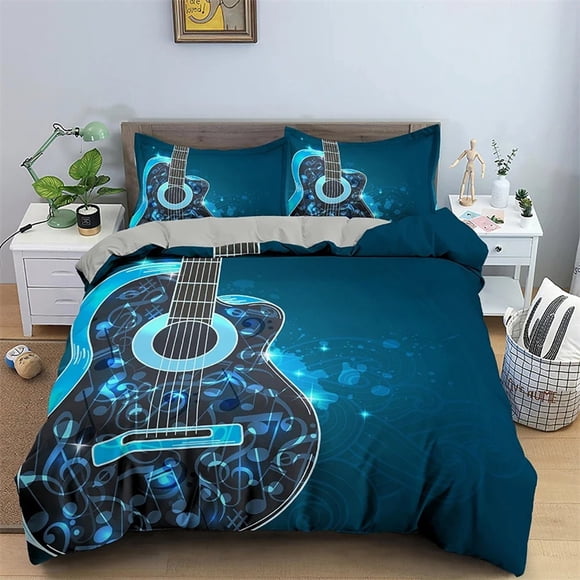 Music Guitar Bedding Set Heavy Metal Punk Rock Duvet Cover for Teen Boy Musical Note Polyester Comforter Cover