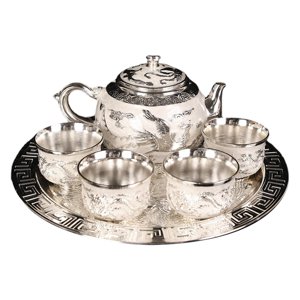 Bothyi - Juego De Teteras De Estilo Chino, Tazas De Té De Aleación De Zinc, Juego De Té Para Beber Café, Té, Plata Y Blanco