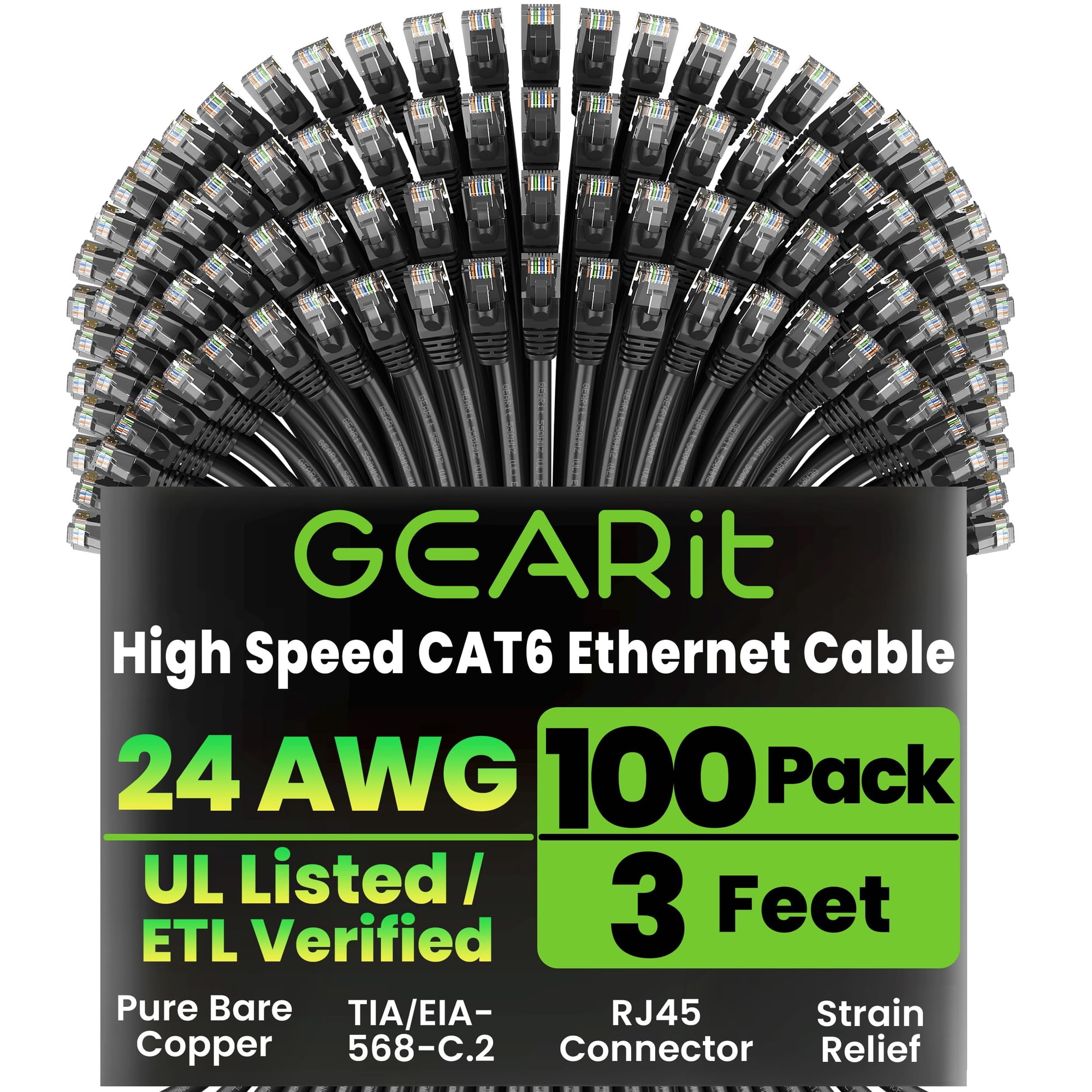 Cable Ethernet Gearit Cat 6, 3 Pies, 100 Unidades, 10 Gbps, Rj45, Negro