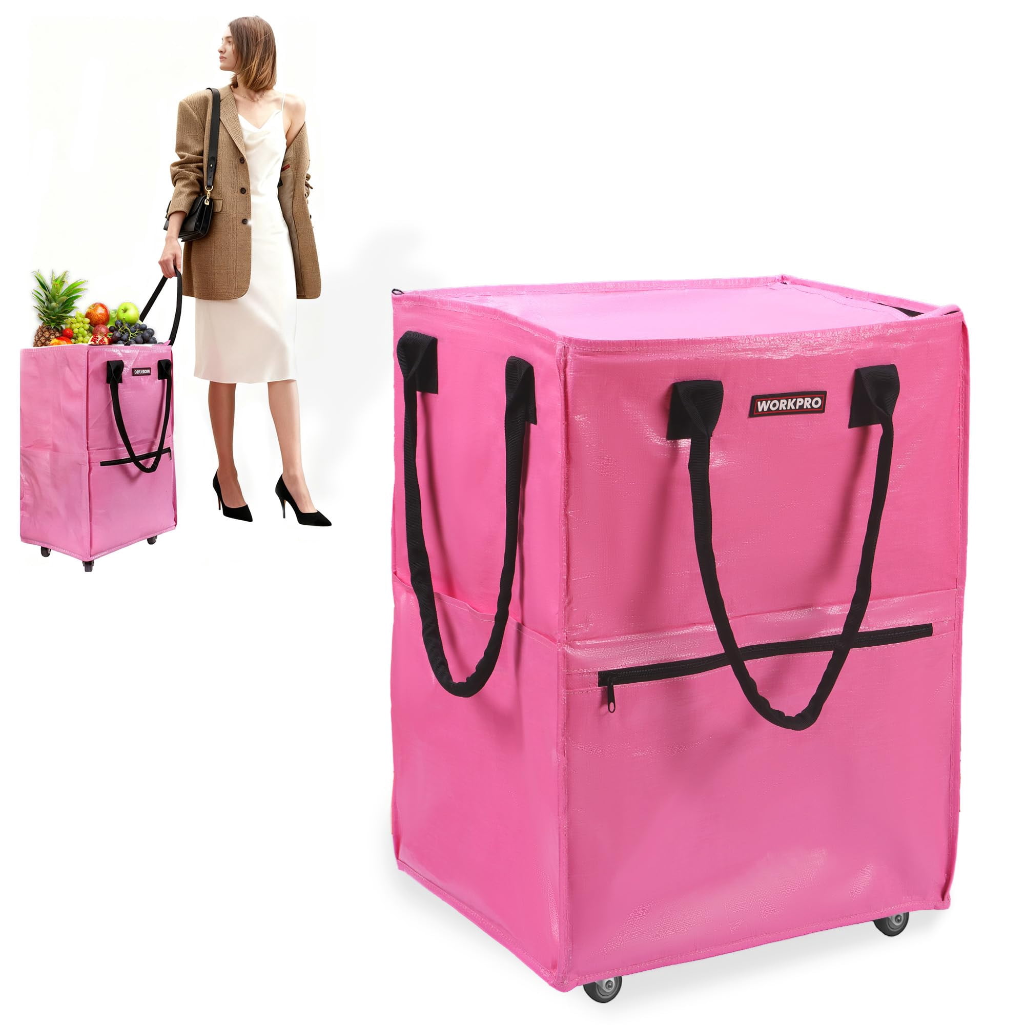 Bolsa De Supermercado Con Ruedas Workpro, Grande, 136 L, 50 Kg De Capacidad, Rosa