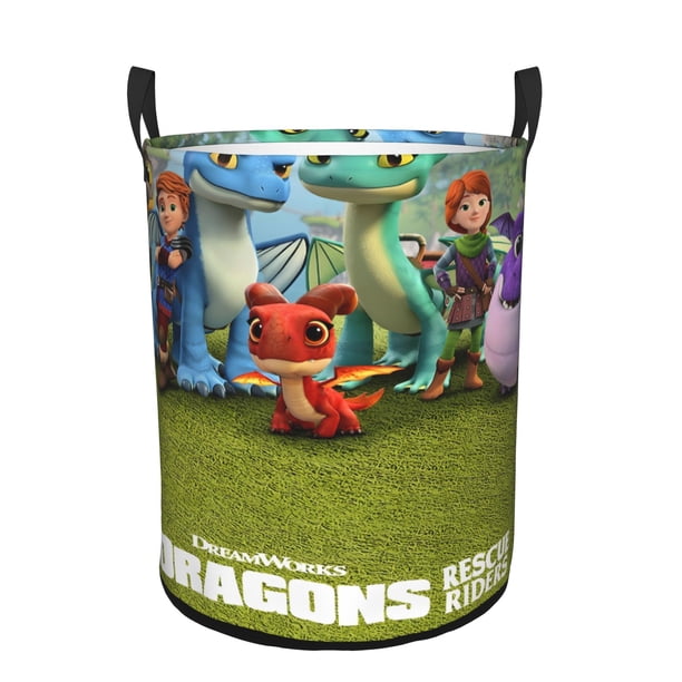 Dragones: Equipo de Rescate Cesta de lavandería de gran capacidad redonda con asa, bolsa para ropa sucia plegable, almacenamiento para dormitorio, baño y lavadero 44x35 cm