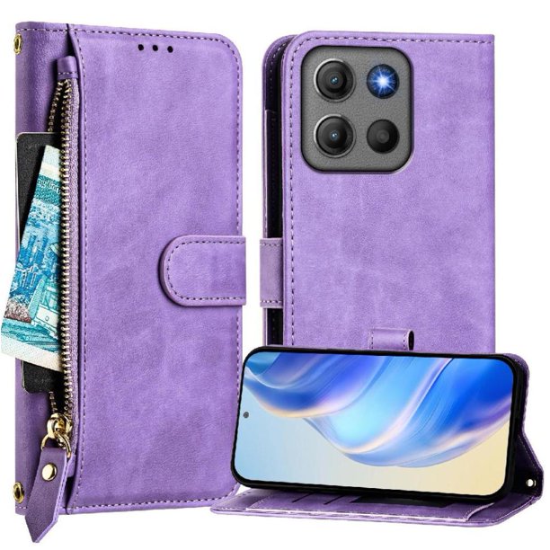 Funda Billetera Cremallera para Motorola Moto G15 Power con Porta Tarjetas, Soporte y Correa Morado