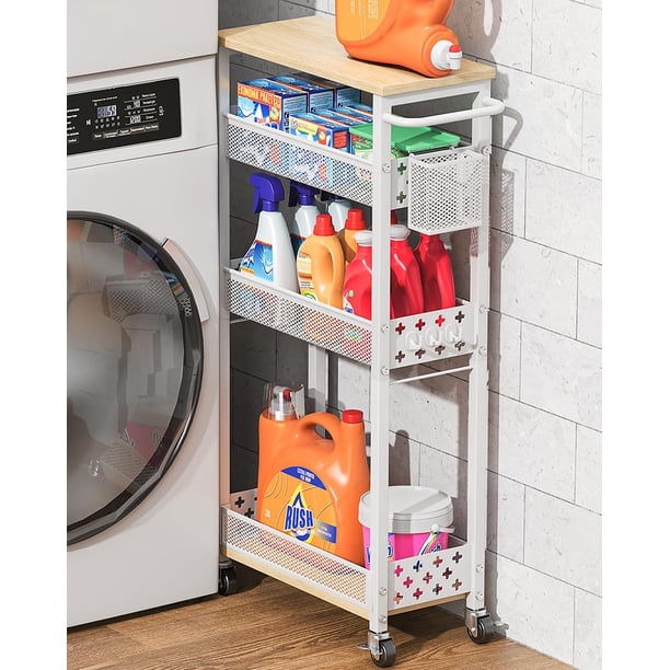 Carro de Almacenamiento Delgado de 4 Niveles con Ruedas, Carro Estrecho de Metal para Cocina, Organizador de Baño con Estante de Madera y Asa para Espacios Pequeños