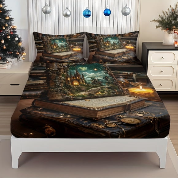 Bed Sheet Set with a Magical Castle Starry Night Theme Featuring a Mysterious And Dreamy Wonderland Pattern with Stacked Ancient Books The Elastic Design of The