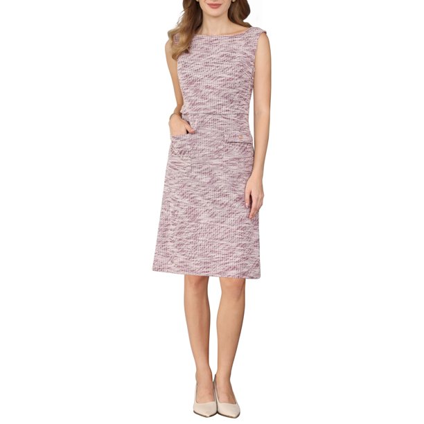 INSPIRE CHIC Vestido sin mangas de tweed para mujer, atuendo de maestra para el regreso a clases, vestido de oficina con cuello barco, talla M, rojo