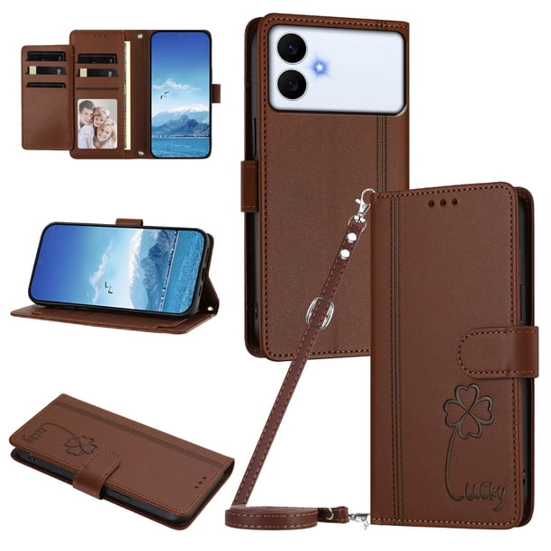 Funda Cartera Trébol para Samsung Galaxy S26 Edge con Ranuras Tarjetas y Carga Inalámbrica Marrón