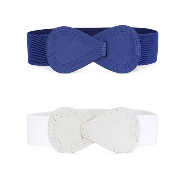 Cinturón elástico de cintura elástica para mujer INSPIRE CHIC 8 en forma de cinturón delgado de cuero sintético elástico para vestidos Blanco y Azul 68.6cm/27"