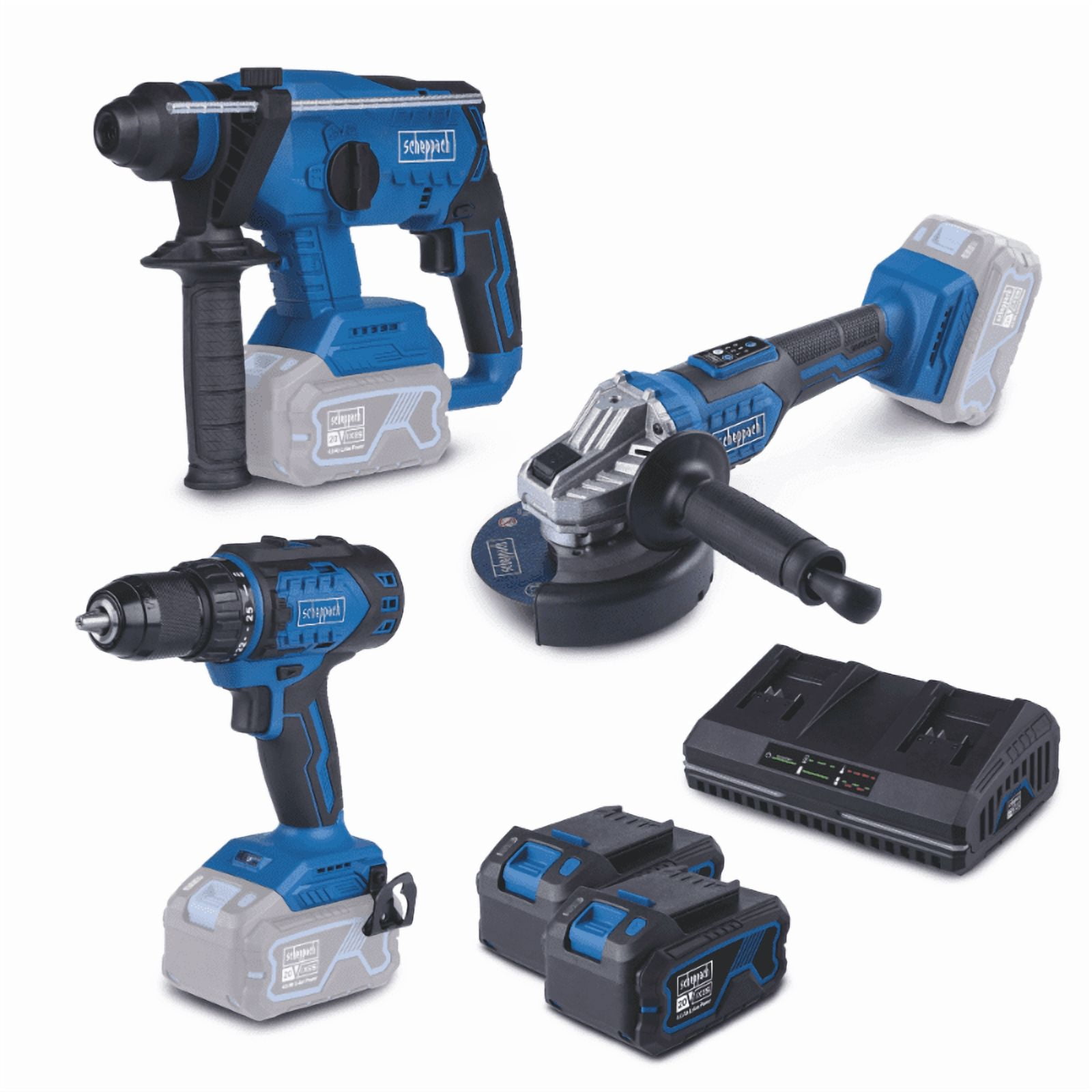 Taladro Atornillador + Rotomartillo + Esmeril Con Cargador Doble Y 2 Baterias De 4ah Brushless Scheppach