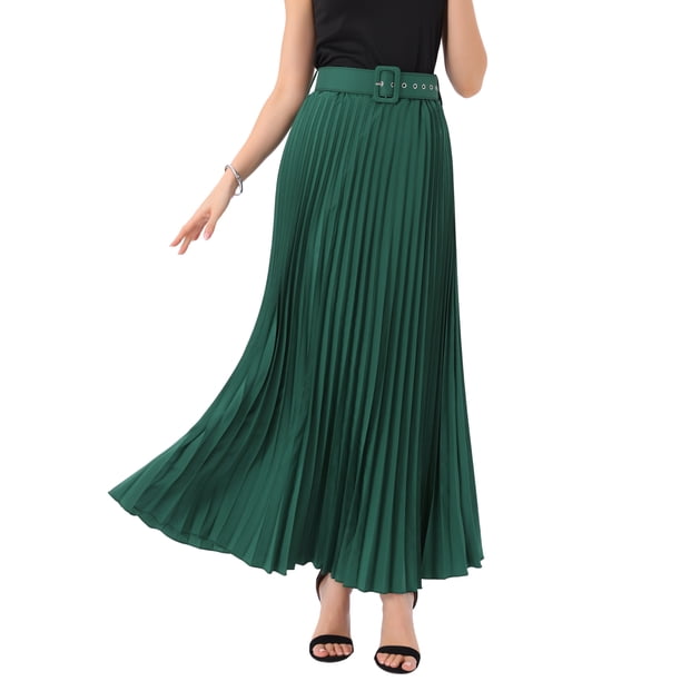 INSPIRE CHIC Falda Plisada para Mujer con Cintura Alta Elástica y Cinturón, Falda Maxi de Línea A Fluida 3XL Verde Oscuro