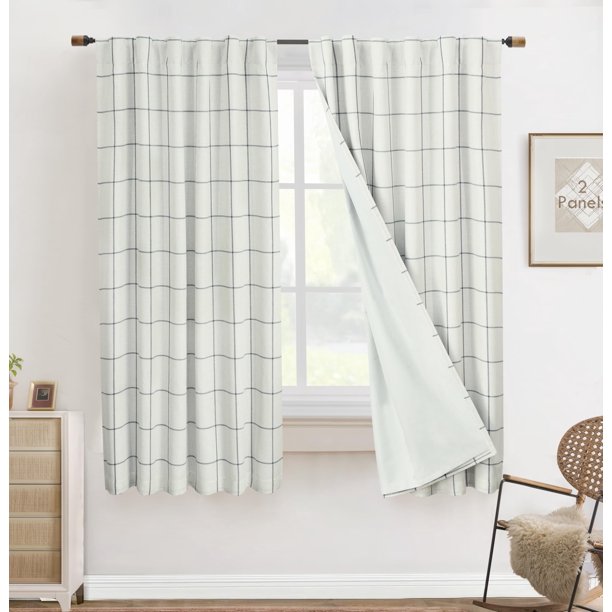 Cortinas DriftAway 100% opacas de lino a cuadros para ventanas, 2 unidades, azul marino