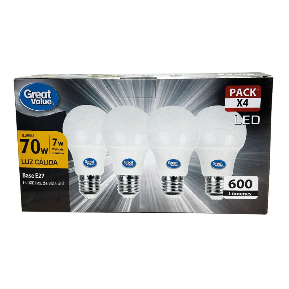 Great Value - Pack 4 Ampolletas Led Bola A70 15W Luz Cálida Base E27