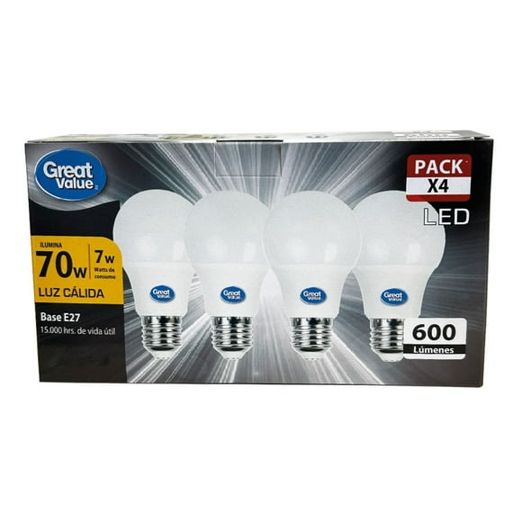 Pack 4 Ampolletas LED Bola A70 15W Luz Cálida Base E27, 1 Un