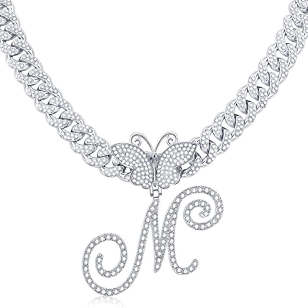 Stylish Hip Hop Cuban Butterfly Necklace with White Letter Initials