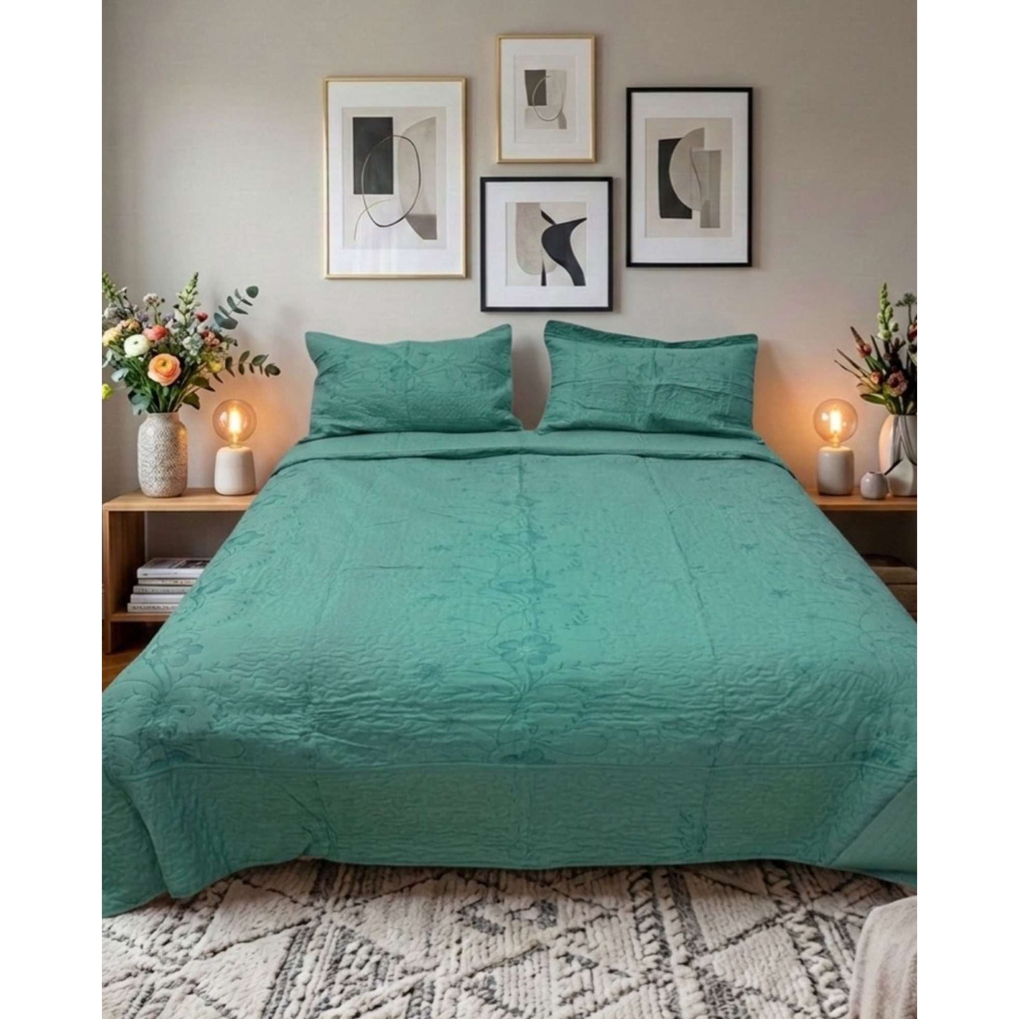 Imac Hogar - Cubrecama Quilt Bordado King Mas Fundas De Almohadas Estilo Botánico