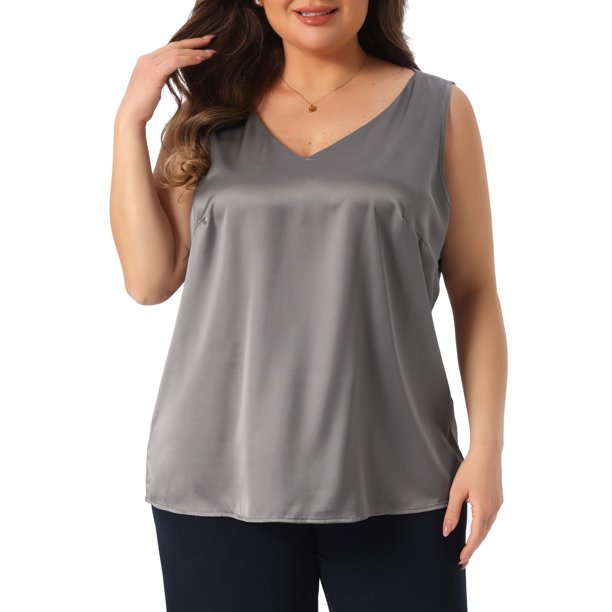 Agnes Orinda Conjuntos de Halloween para Mujeres Tallas Grandes Escuela Colegio Seda Satén Tops de Tirantes Cuello en V Casual Blusas sin Mangas Básico Camiseta 1X Gris
