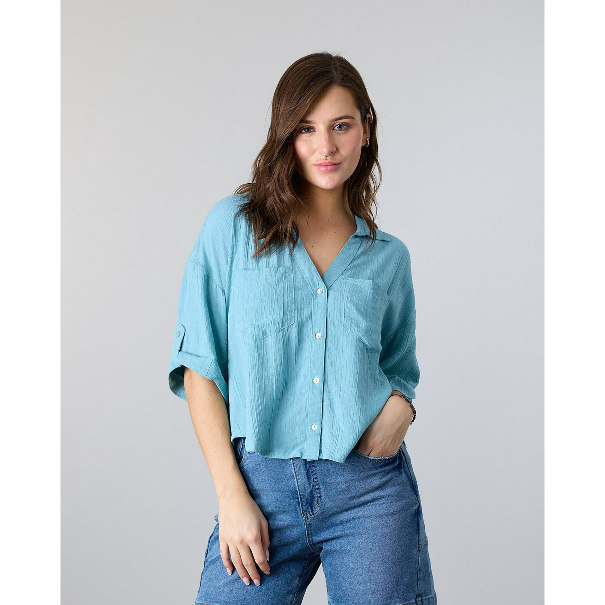 Blusa Mujer Crep Cuello Camisero Verde Polemic