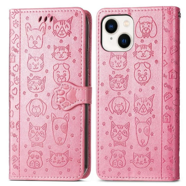 Funda Cartera FOXDOCK para iPhone 14 , Flip PU con Relieve de Gatos y Perros, Tarjetero y Soporte