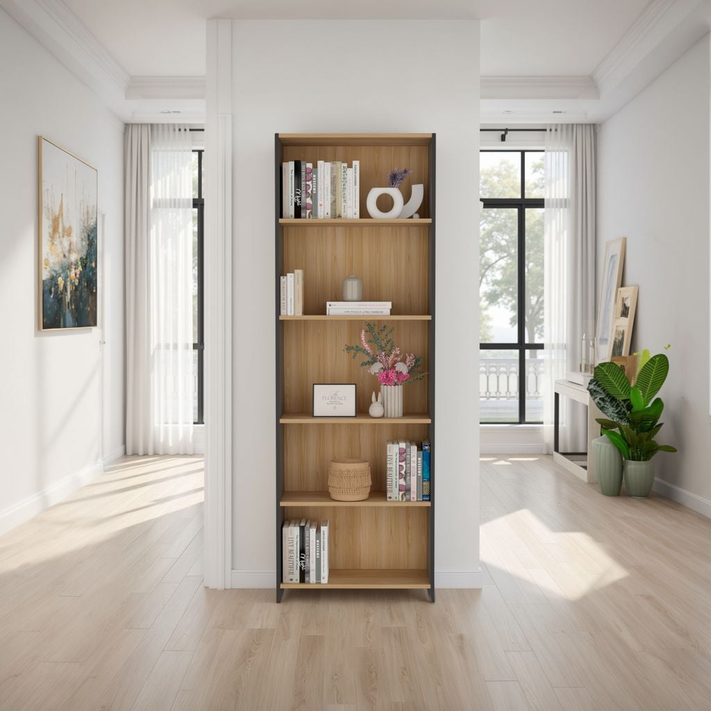 Tuhome - Biblioteca 5 Repisas Lisa Eco Fresno Y Wengue 180,6x63x26,6 Cm