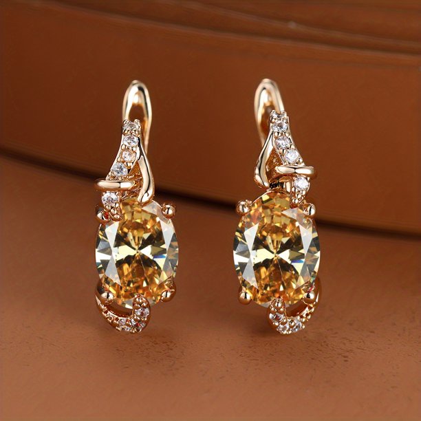 18K Gold Plated Blue Sapphire Stud Earrings - Trendy Women's Anniversary Jewelry with Oval Cut White Blue Red Pink Stones