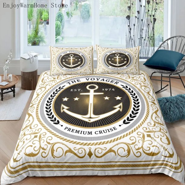 Luxury Gold Anchor Print Duvet Cover Pillowcase Nautical Ocean Anchor Bedding Set Home Textiles