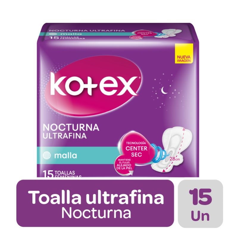 Toallas Higiénicas Kotex Ultrafina Nocturna Malla 15 Un