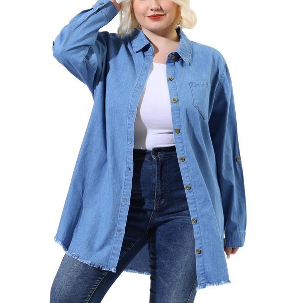 Agnes Orinda Ropa de Halloween para Mujeres de Talla Grande Camisas Escolares Universitarias Top de Chambray Camisa de Mezclilla con Botones 4X Azul