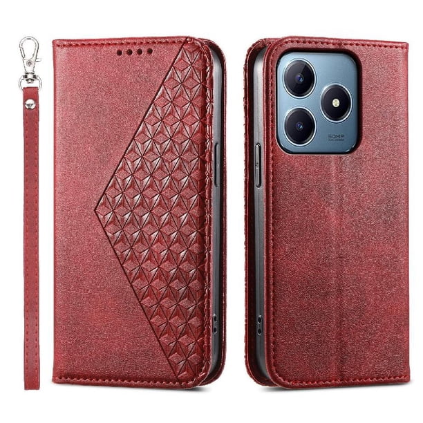 Funda Flip FOXDOCK para Realme C63/C61 , Estilo Billetera con Diseño Rombo, Correa de Mano y Soporte, Uso Diario
