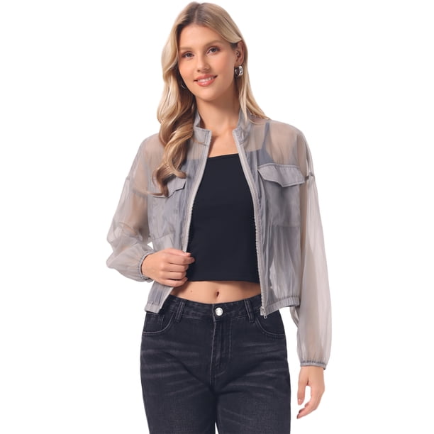 INSPIRE CHIC Chaqueta Bomber Transparente para Mujer Cuello Simulado Cremallera Chaqueta Ligera Gris L
